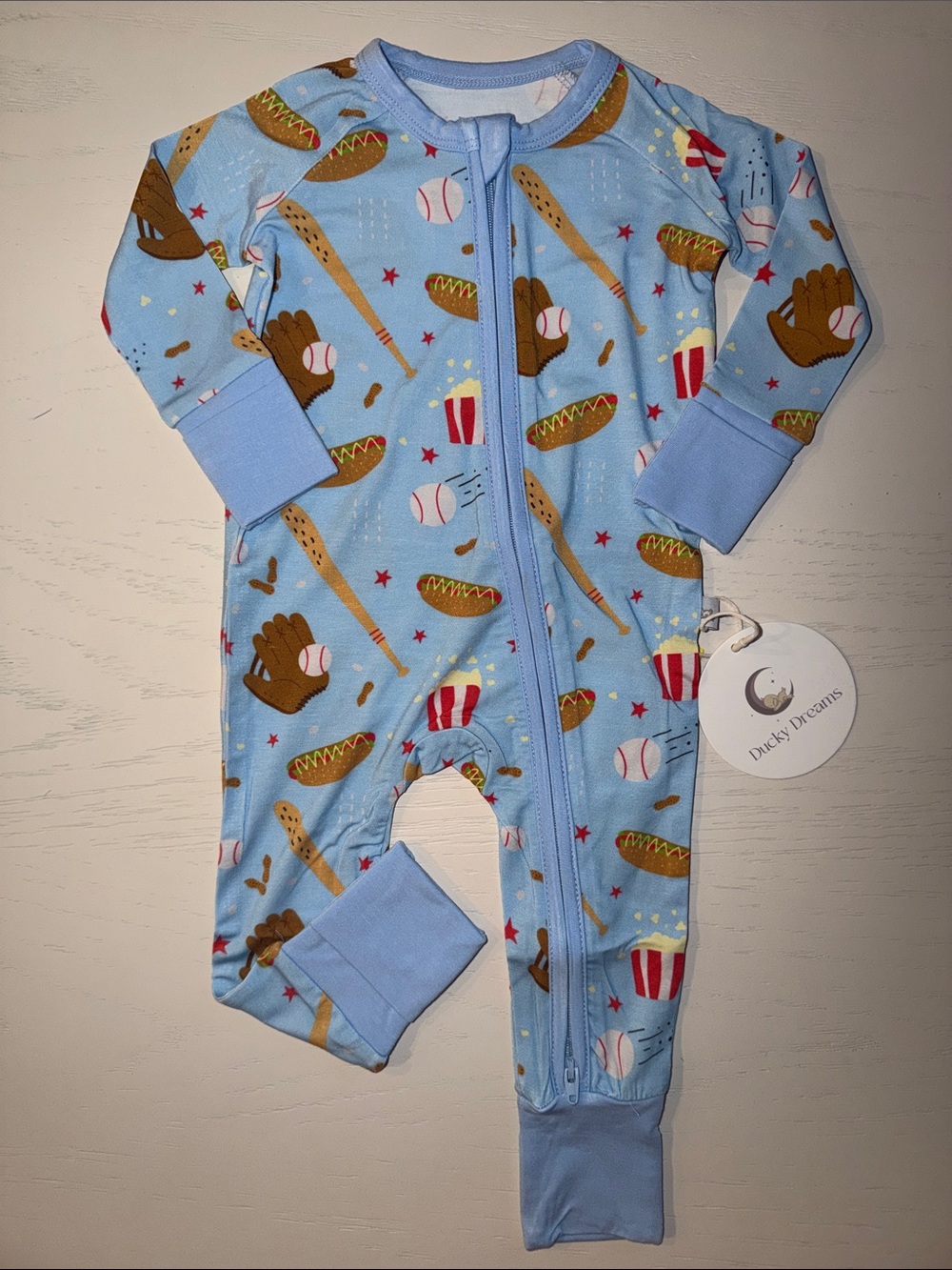 Ducky Dreams Baseball Print Convertible Romper Footie 0-3 12-18 18-24 months